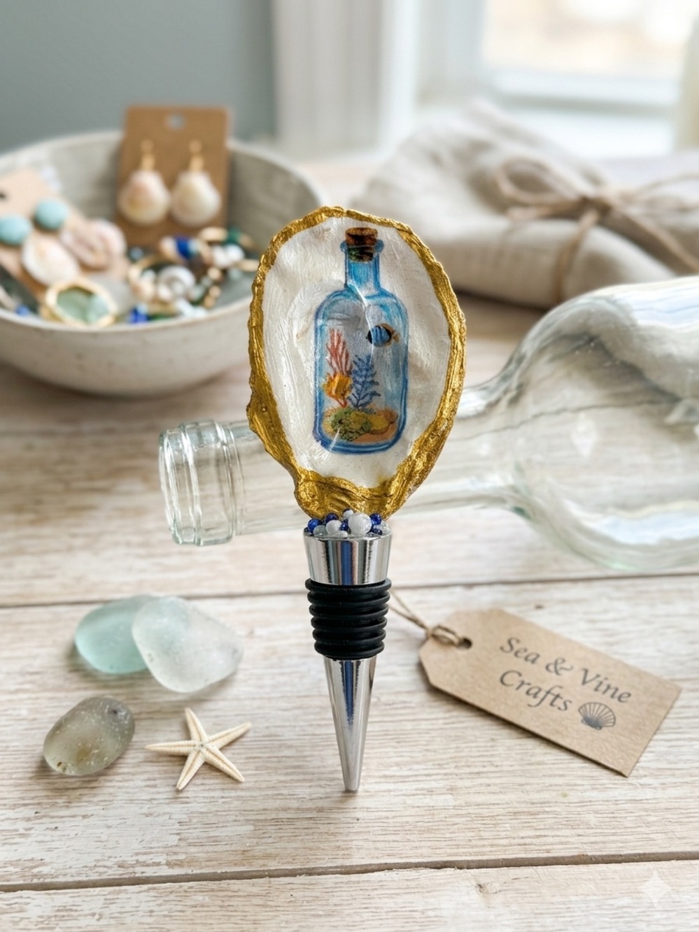 Gold-Trim Bottle Stopper with Blue Bottle Art —Handmade by Me